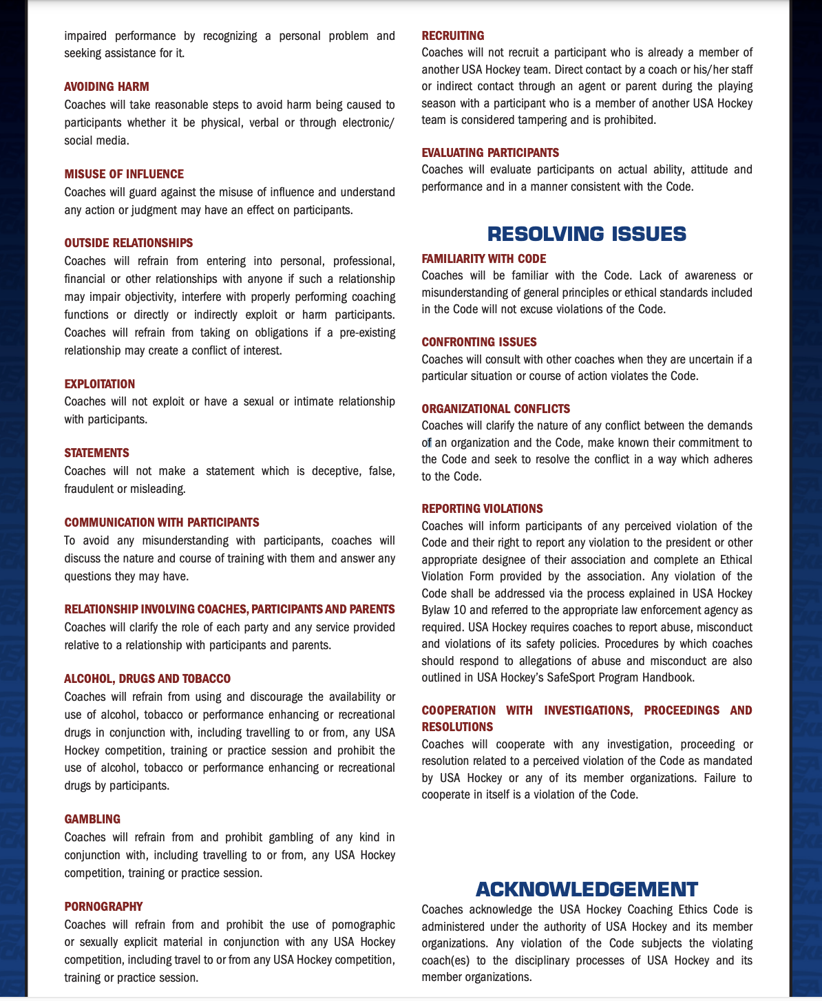 Rye Rangers Hockey Club USA Hockey Coaching Ethics Code