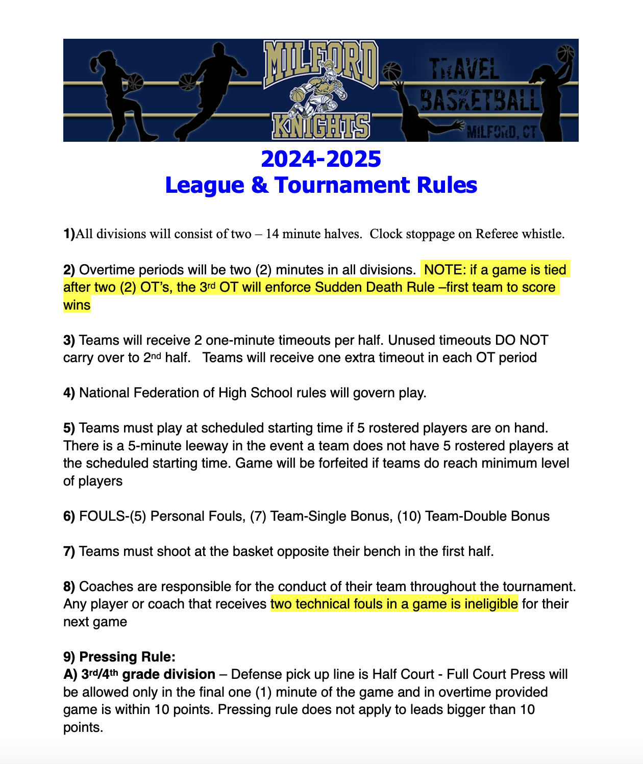 Milford Knights Basketball | League/Tournament Rules &amp; Eligibility